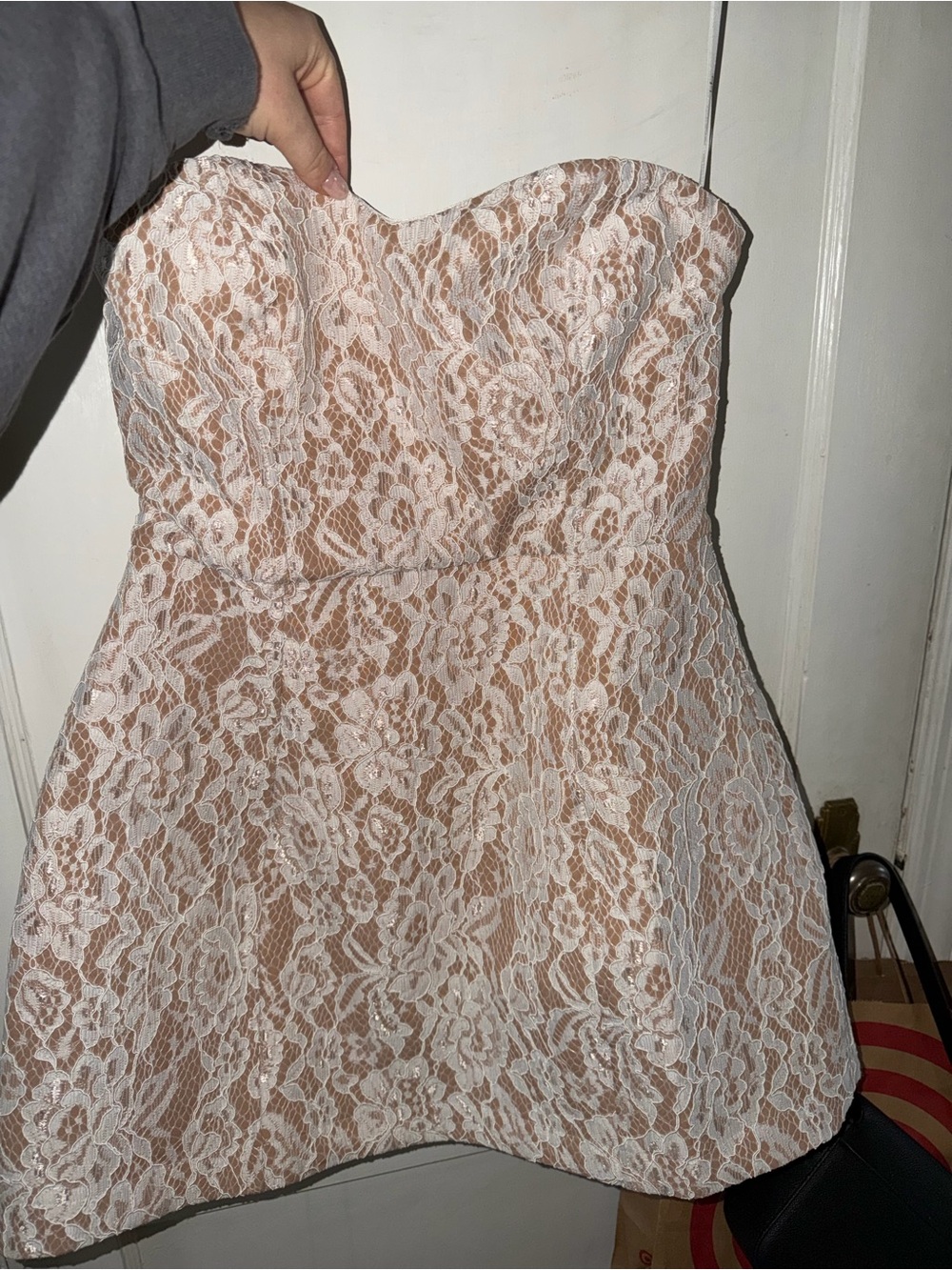 Lulu's Strapless Lace Skater Dress in Nude and White